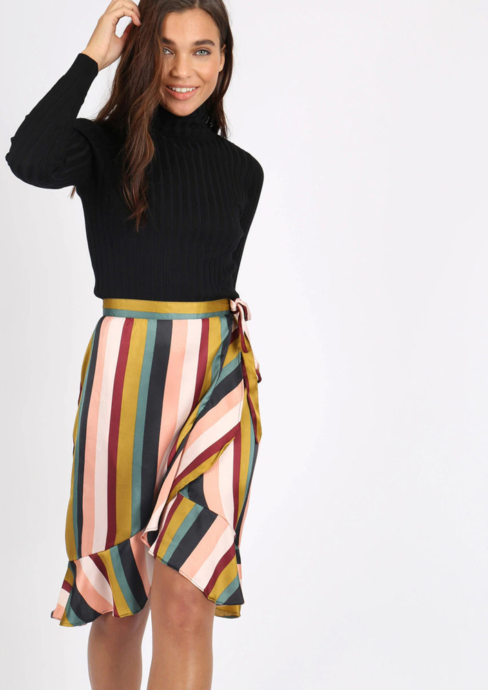 Zachi Satin Stripe Frill Midi Skirt