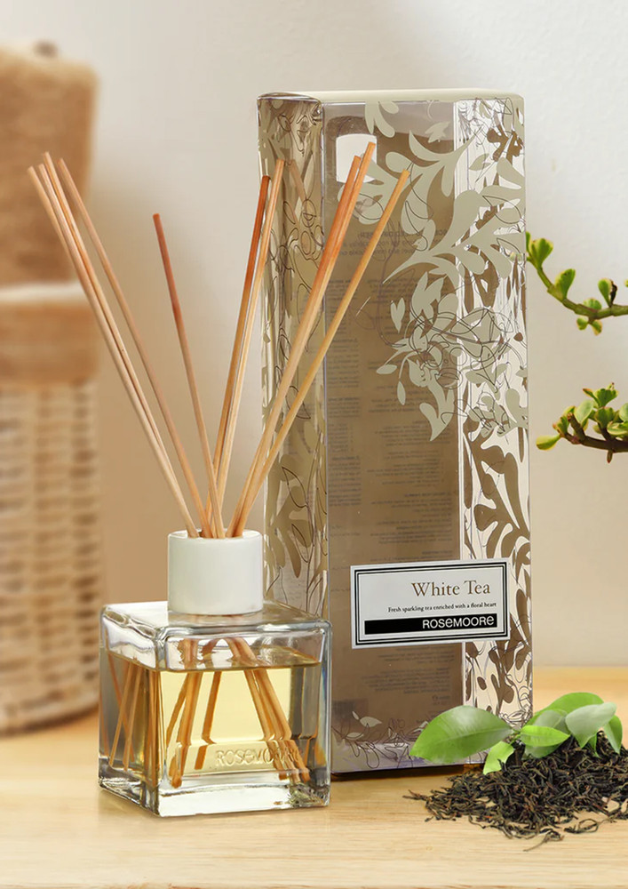 Rosemoore Reed Diffuser Set /Aroma Reed Diffuser /Reed Diffuser Home Fragrance /Scented Reed Diffuser for Offices, Home, Hotel, Bathroom & Living Room Room 200ml with 10 Reed Sticks - White Tea