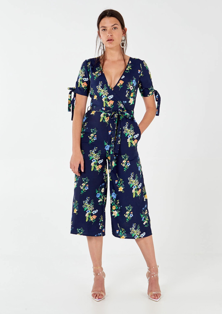 Summer Navy Floral Print Cropped Jumpsuit