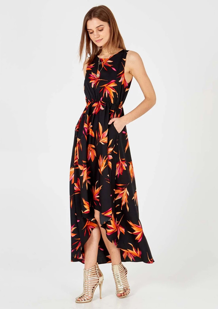 Black Tropical Leaf Printed Asymmetrical Dress