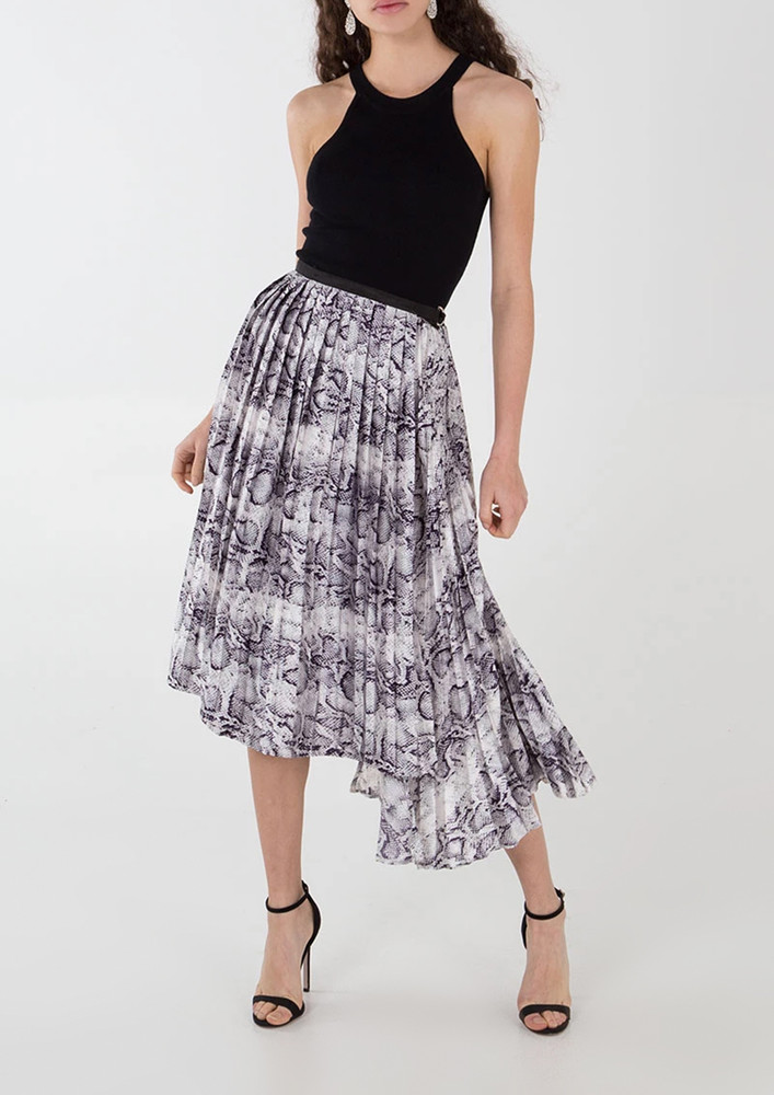 Snake Print Silver Asymmetrical Pleated Midi Skirt