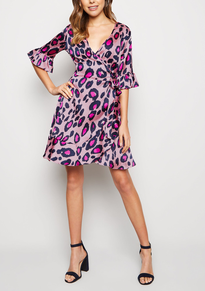 Pink Big Spots Leopard Wrap Dress