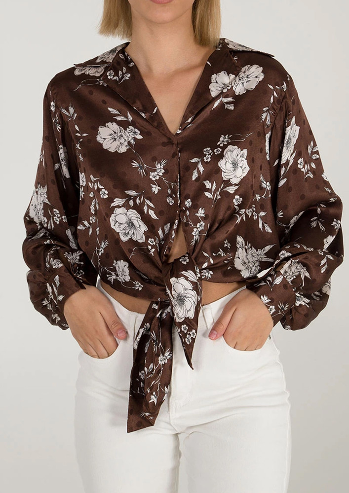 Chocolate Brown Floral Knot-tie Top