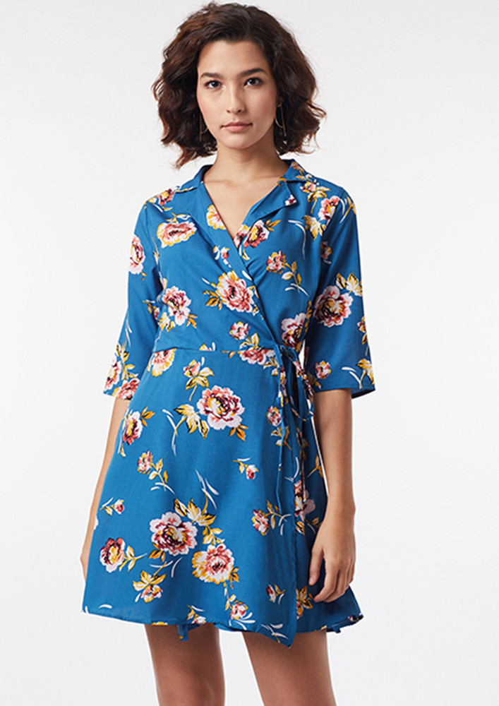 In Blue Floral Days Wrap Dress