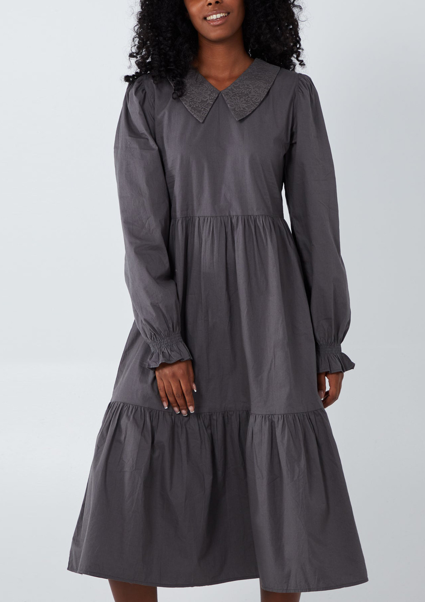Grey Lace Collar Midi Dress