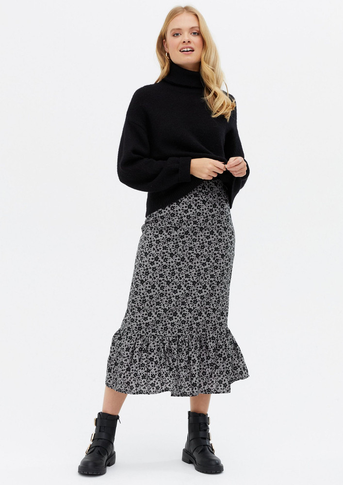 Destined For Grey Floral Midi Skirt