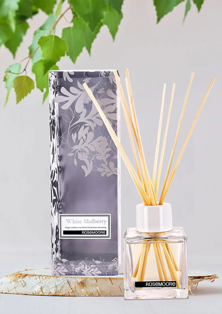 Rosemoore Reed Diffuser Set /Aroma Reed Diffuser /Reed Diffuser Home Fragrance /Scented Reed Diffuser for Offices, Home, Hotel, Bathroom & Living Room Room 200ml with 10 Reed Sticks - White Mulberry