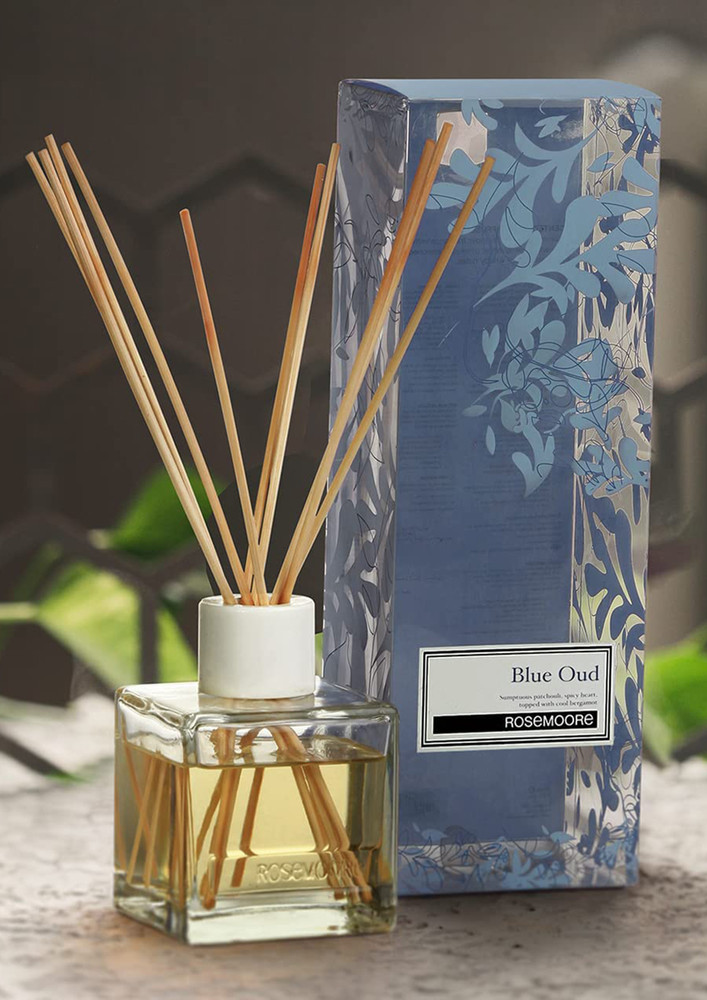 Rosemoore Reed Diffuser Set /Aroma Reed Diffuser /Reed Diffuser Home Fragrance /Scented Reed Diffuser for Offices, Home, Hotel, Bathroom & Living Room Room 200ml with 10 Reed Sticks - Blue Oud