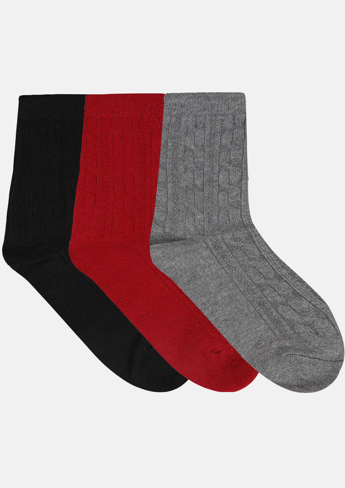 Next2skin Women's Woollen Regular Length Socks (pack Of 3) (black,red,light Grey)