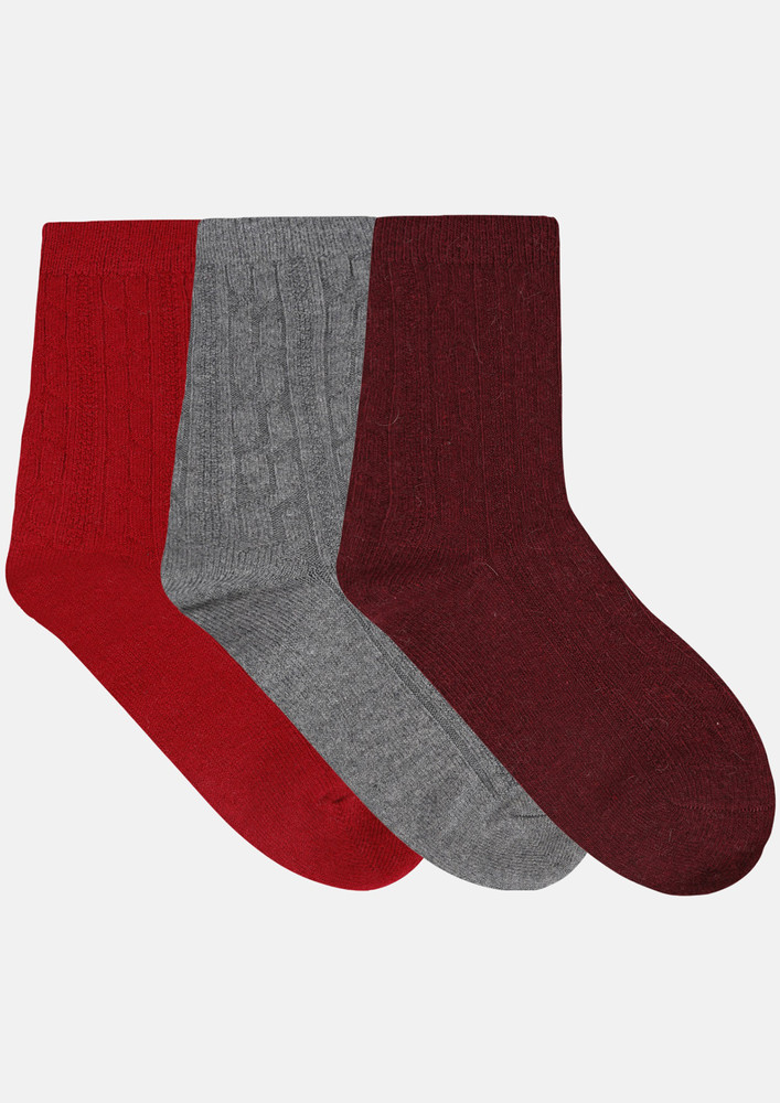 Next2skin Women's Woollen Regular Length Socks (pack Of 3) (red,light Grey,maroon)