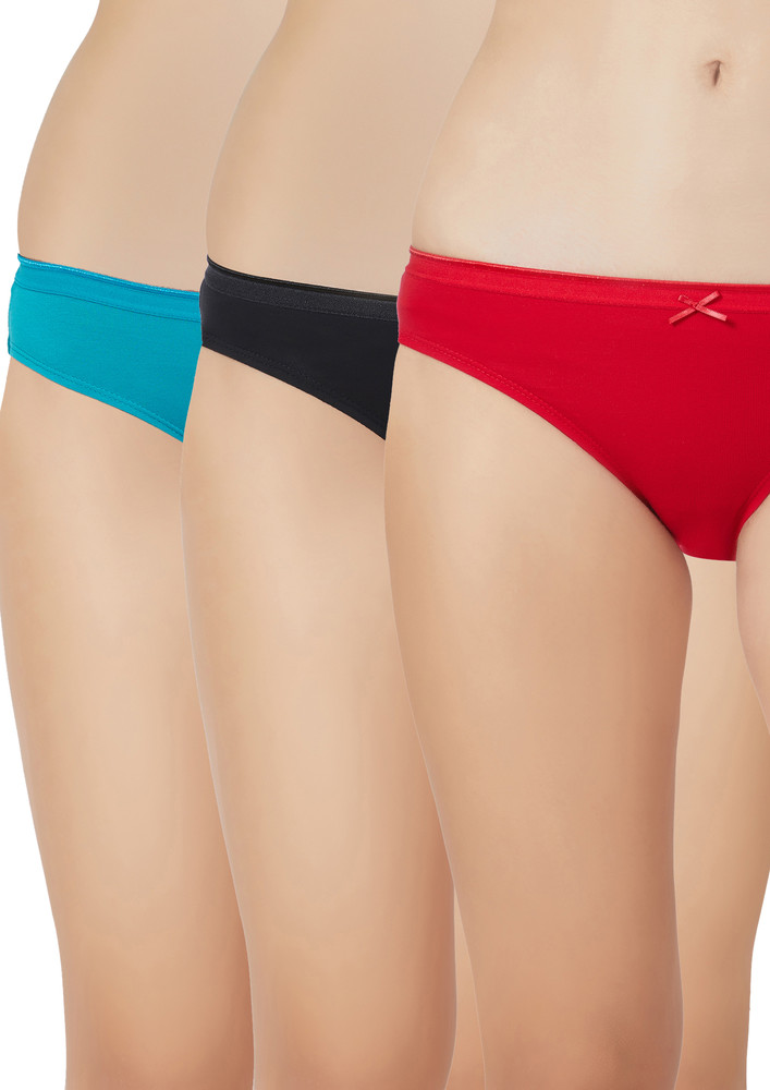Soie Solid Blue, Black & Red Bikini Panties (pack Of 3)