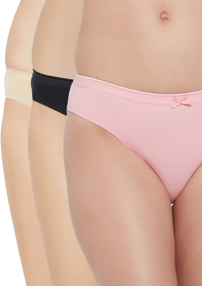 Soie Solid Baby Pink, Black & Bone White Bikini Panties (pack Of 3)