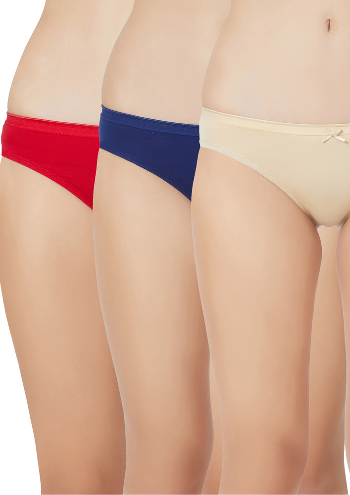Soie Solid Dark Blue, Red & Bone White Bikini Panties (pack Of 3)