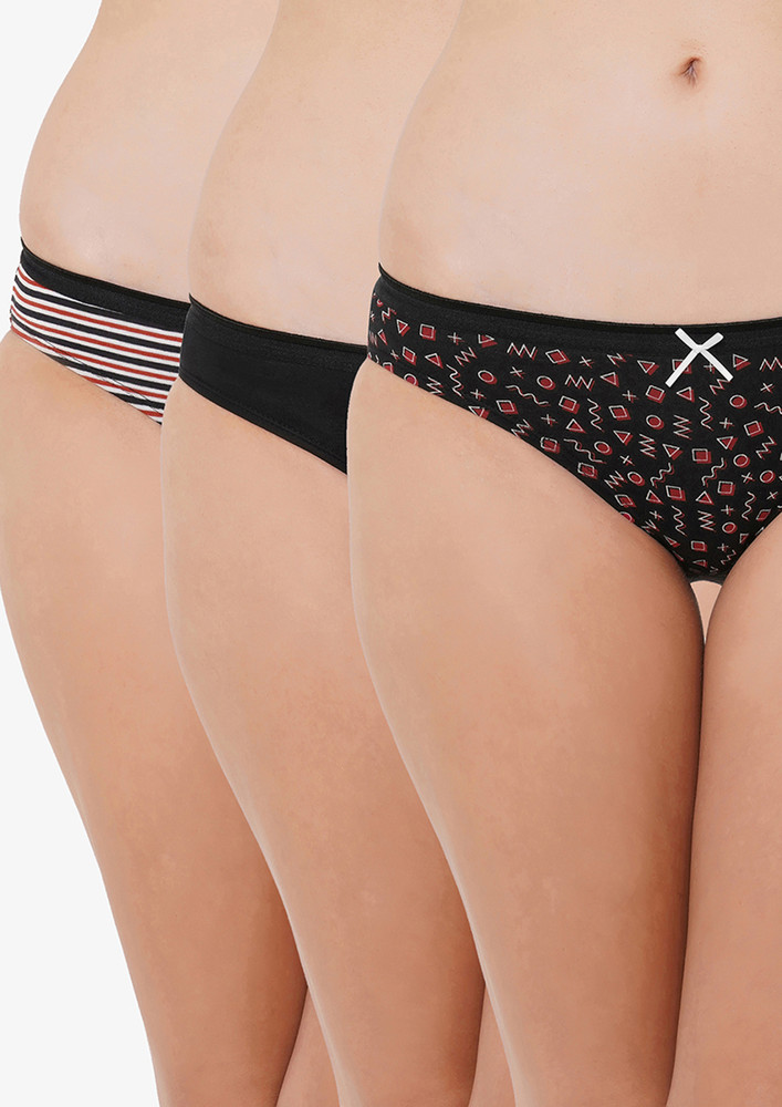 Soie Printed Black & Solid Multicolour Brief Panty Combo (pack Of 3)