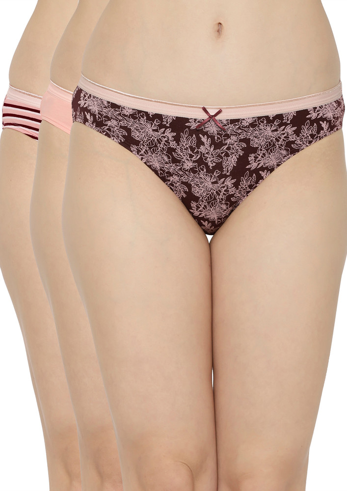 Soie Printed Striped Peach & Burgundy Brief Panty Combo (pack Of 3)