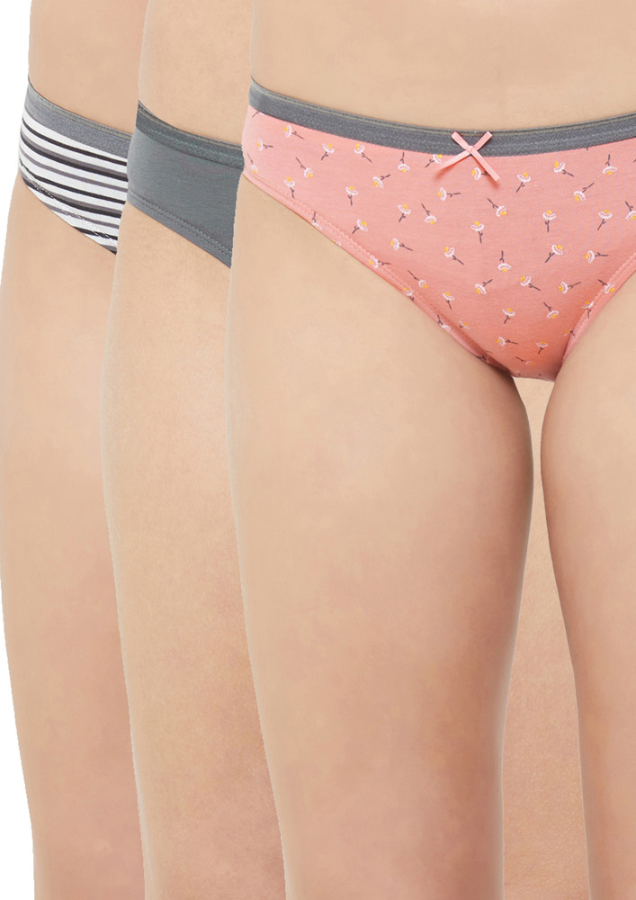 Soie Printed Stripe Dark Grey & Peach Pink Brief Panty Combo (pack Of 3)