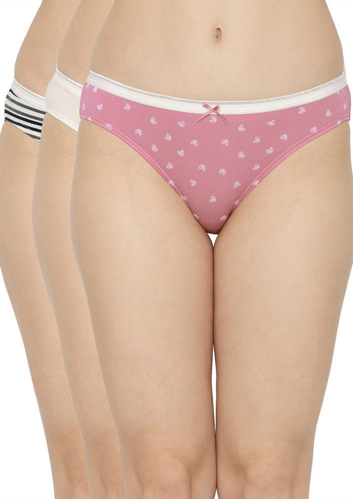 Soie Printed Stripe Blue, White & Flamingo Pink Brief Panty Combo (pack Of 3)