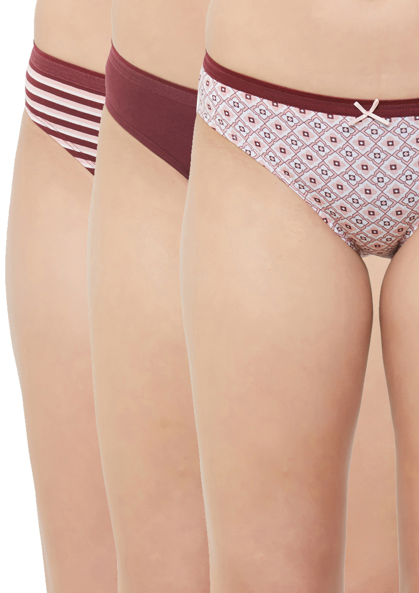 SOIE Printed Stripe Rosewood & White Brief Panty Combo (Pack of 3)