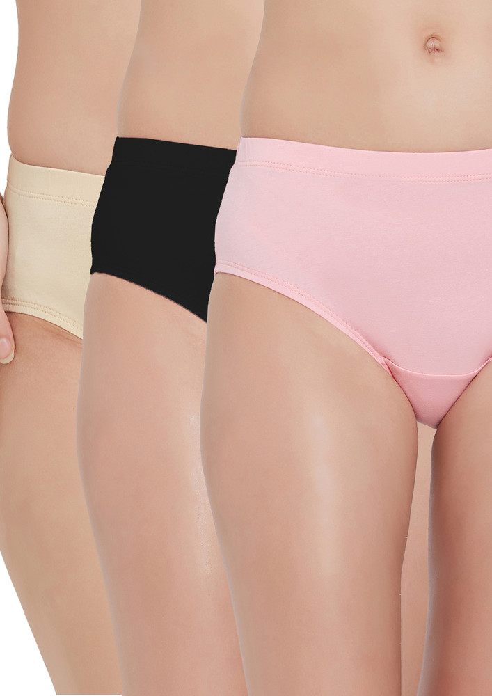 Soie Beige, Black & Baby Pink Cotton Hipster Panty Set (pack Of 3)