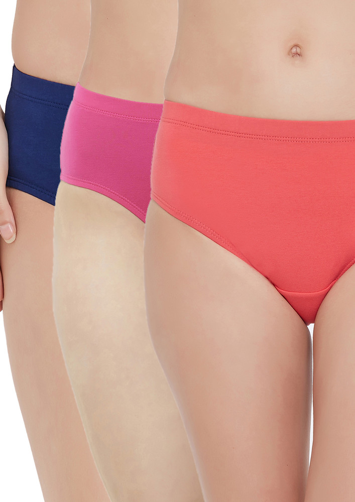 Soie Navy Blue, Bubblegum & Coral Pink Cotton Hipster Panty Set (pack Of 3)