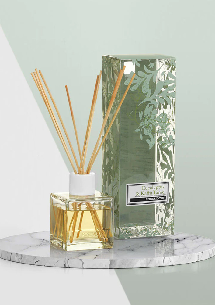Rosemoore Reed Diffuser Set /Aroma Reed Diffuser /Reed Diffuser Home Fragrance /Scented Reed Diffuser for Offices, Home, Hotel, Bathroom & Living Room Room 200ml with 10 Reed Sticks - Eucalyptus & Kaffir Lime