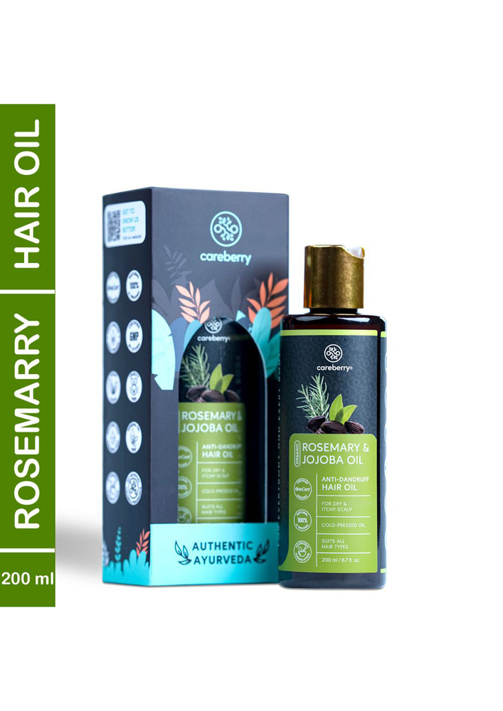 Careberry 100% Organic Rosemary & Jojoba Anti Dandruff Hair Oil, 100% Natural & Cold Pressed, Ayush Certified Ayurvedic 200ml
