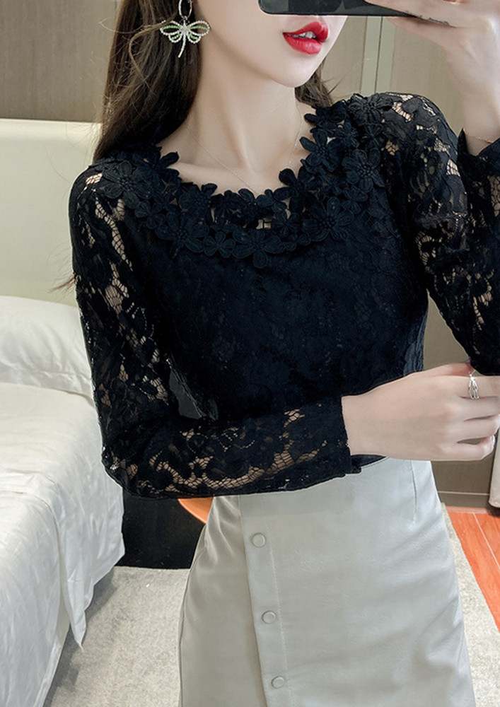 Floral Lace Overlay Black Top