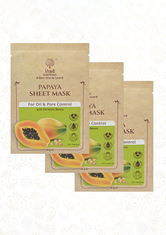 Khadi Essentials Papaya Sheet Mask With Ferment Beans For Oil & Pore Control (pack Of 3*25)