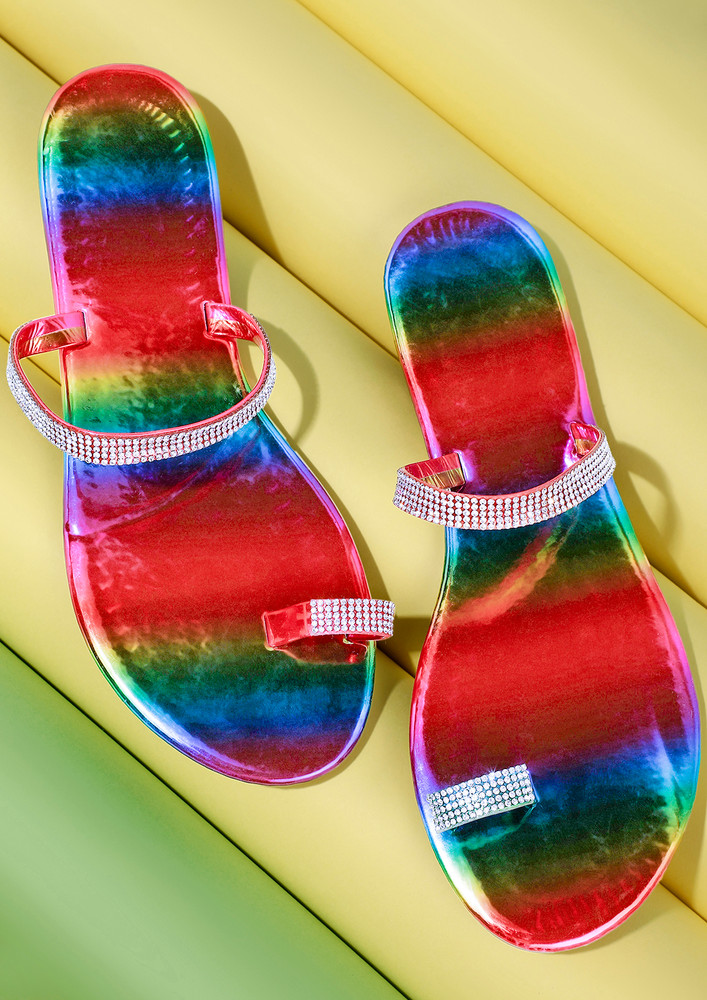 RAINBOWS ARE IN MY UNICORN  SOLID OMBRE ETHNIC RHINESTONE DETAIL TOE-RING FLATS