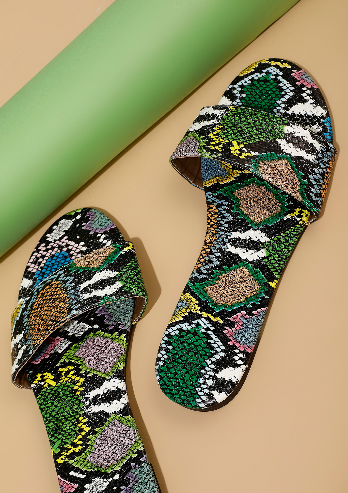 WIN THE DAY GREEN PRINTED SLIP-ON FLAT SANDALS
