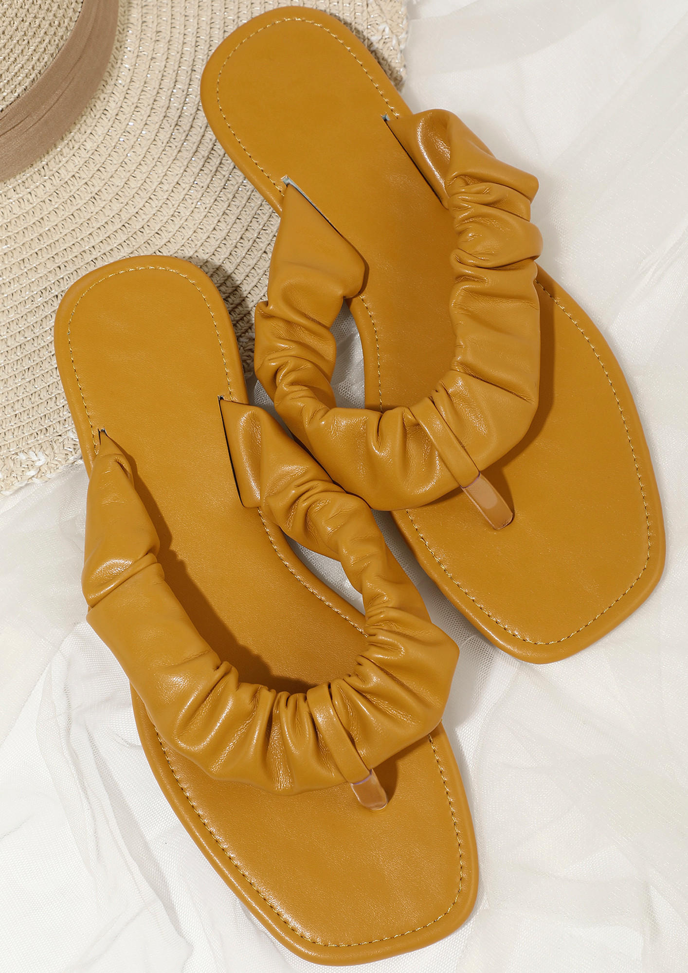 ALL RUCHED AND EVERYTHING SOLID YELLOW FLAT SLIPPERS