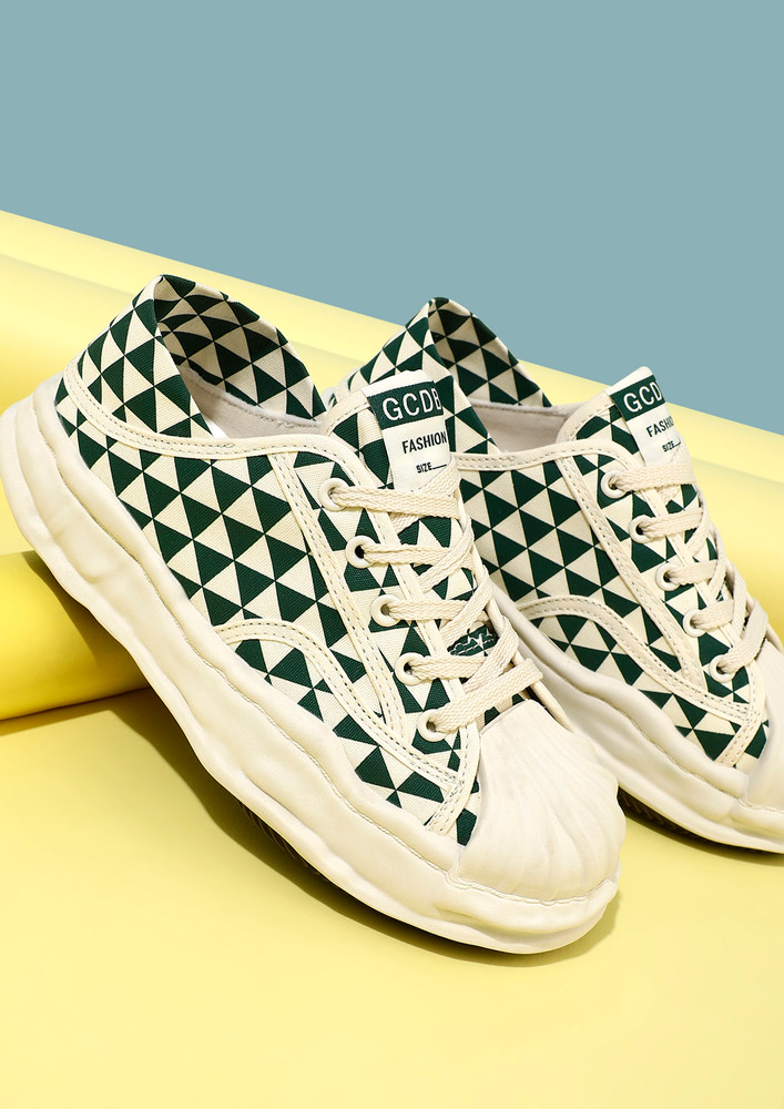 A Win With The Geometric Print Green Lace-up Fancy Casual Sneaker  
