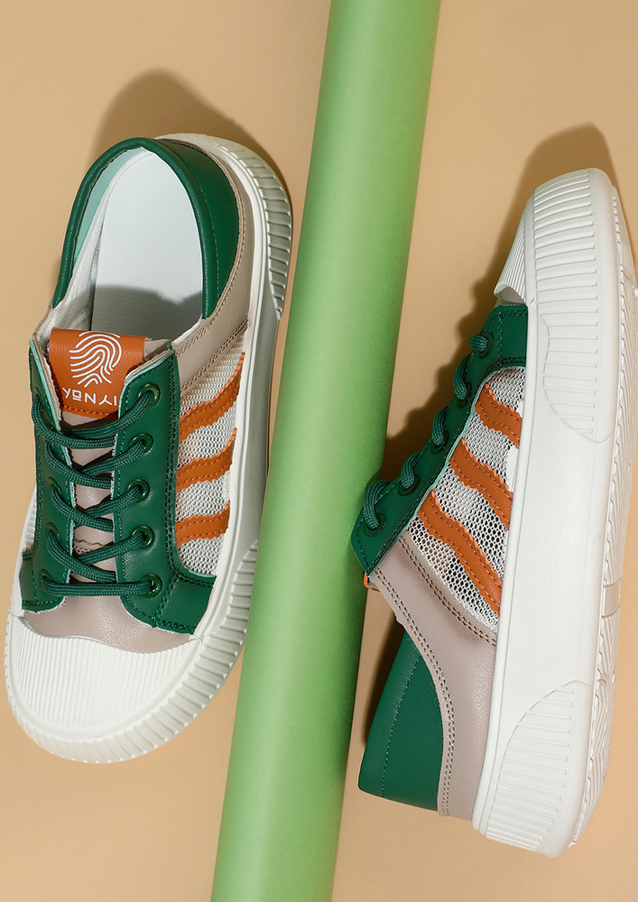 Sneaking Good Days  With My Colour Blocked, Dark Green-white Lace-up Casual Sneakers