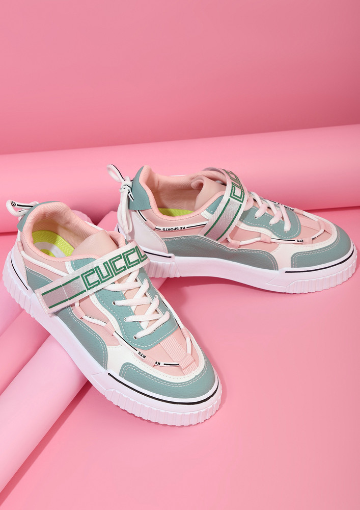 ON A WALK WITH MY COLOURBLOCKED  BUCKLE-UP PRINTED PINK-GREEN CASUAL SNEAKERS