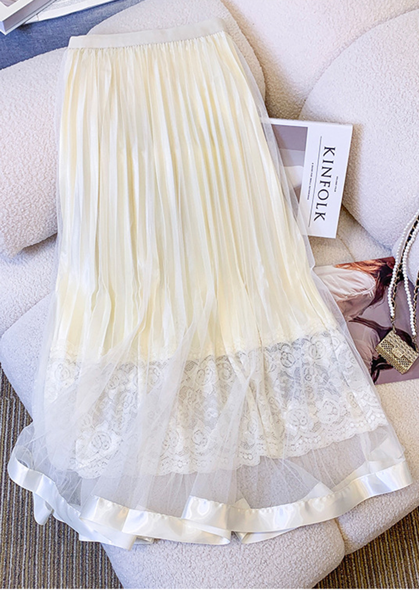 OFF-WHITE LACY POLYESTER PLEAT MIDI SKIRT