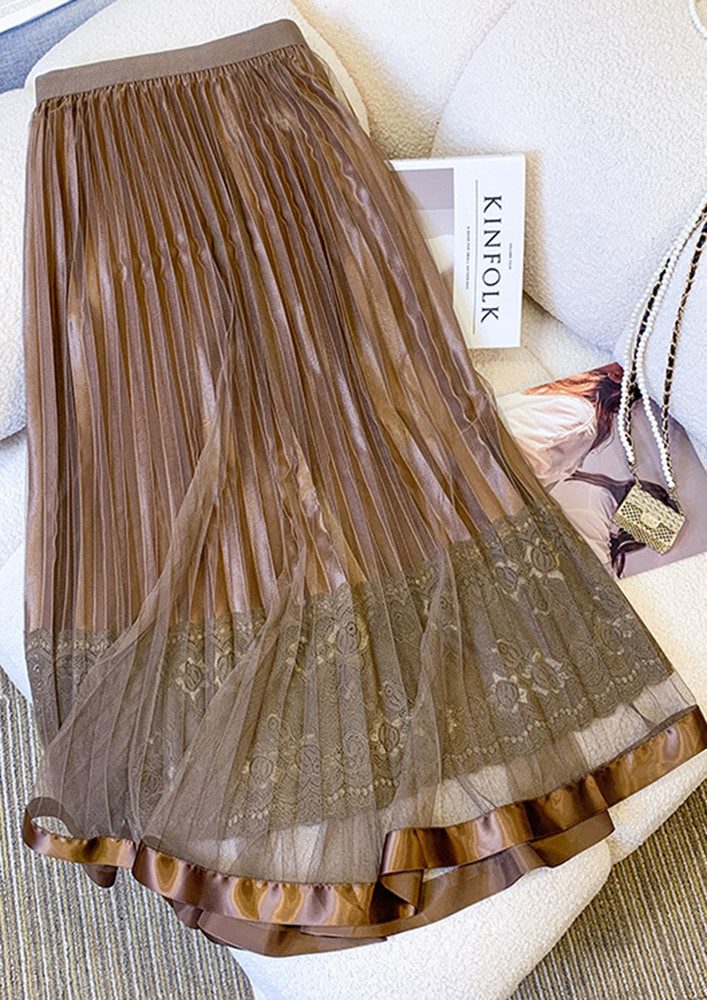 BROWN LACY POLYESTER PLEAT MIDI SKIRT