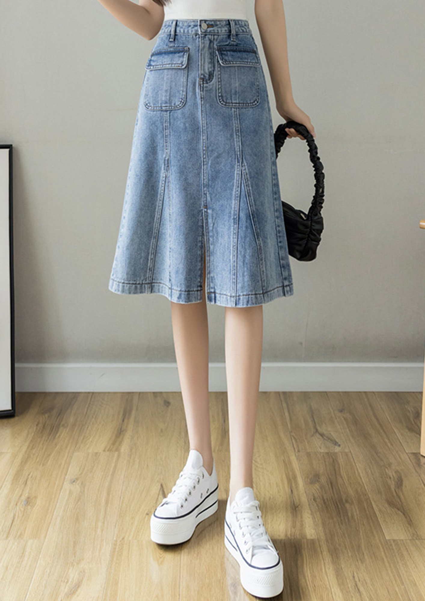 Blue Mid Rise Pleated Denim Mini Skirt | Ally Fashion