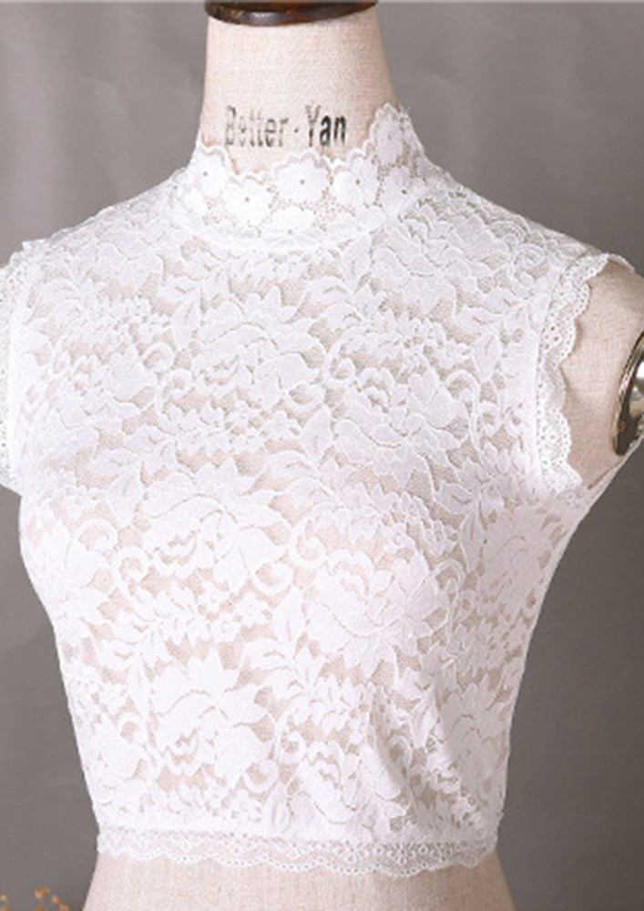 Lace Patterned White Mock-neck Crop Top