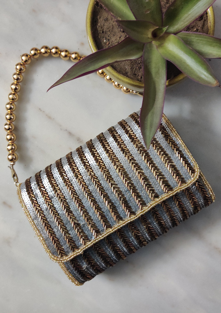 Antique Gold Flapover Handembroidered Clutch