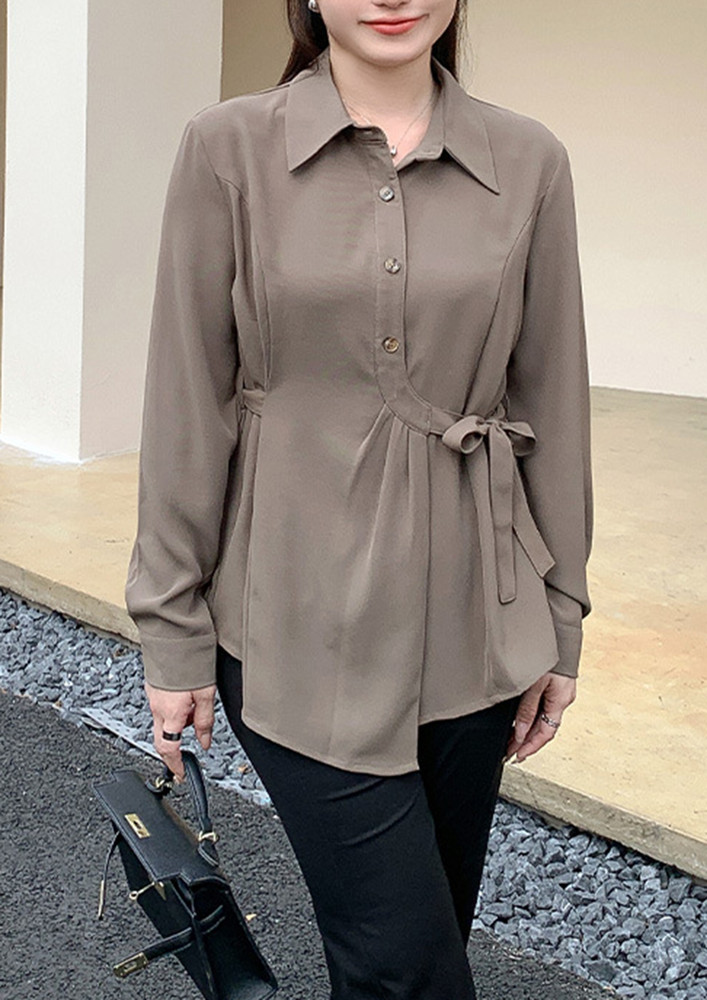 BROWN KNOT-FRONT PLUS SIZE BLOUSE
