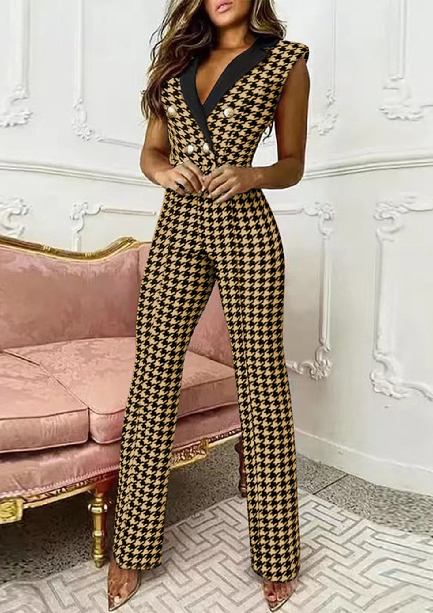 BLACK & BROWN HOUNDSTOOTH CAPE STYLE JUMPSUIT