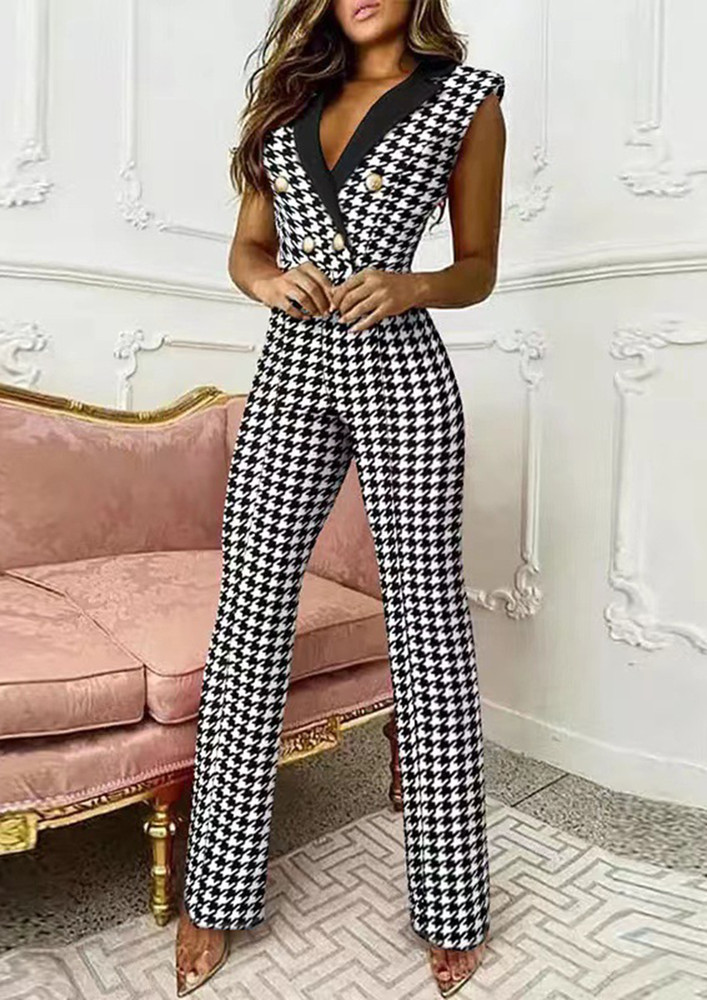 BLACK & WHITE HOUNDSTOOTH CAPE STYLE JUMPSUIT