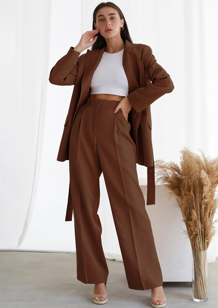 BROWN SOLID HIGH-RISE TAILORED TROUSERS