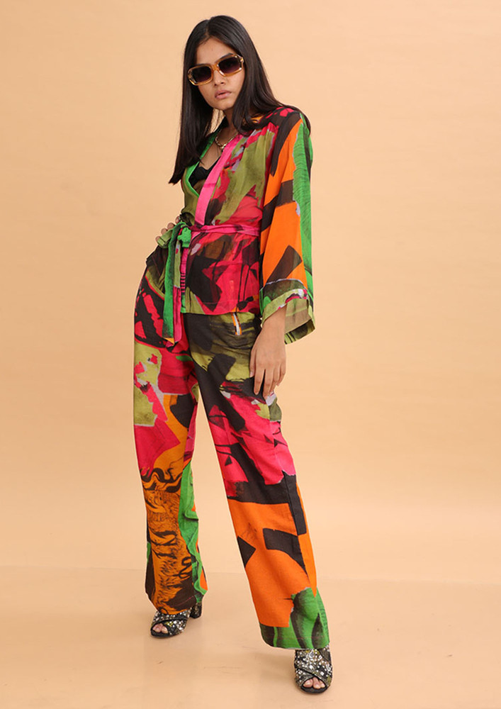 The Missy Co. Pink Green Collage Abstract Print Cape Jacket