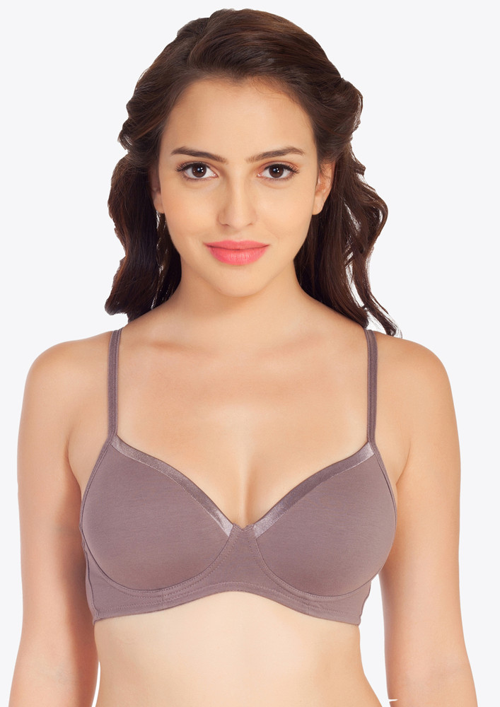 Soie Medium Coverage Padded Non-wired Mocca Satin Panelled T-shirt Bra