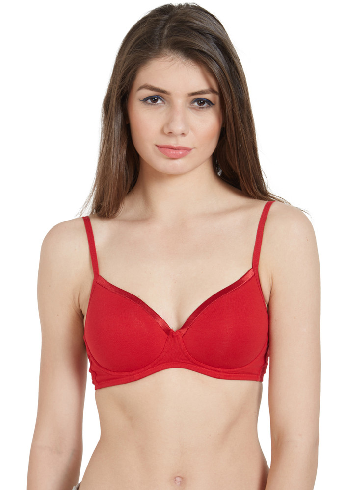 Soie Medium Coverage Padded Non-wired Red Satin Panelled T-shirt Bra