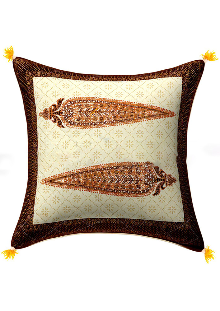 Cream Base Golden Leaves Brown Border Cotton Cushion Cover