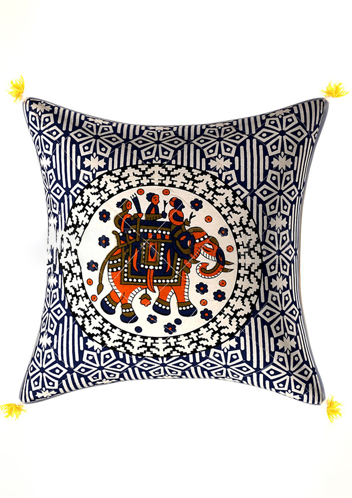 Navy Blue Base Elephant Print Cotton Cushion Cover