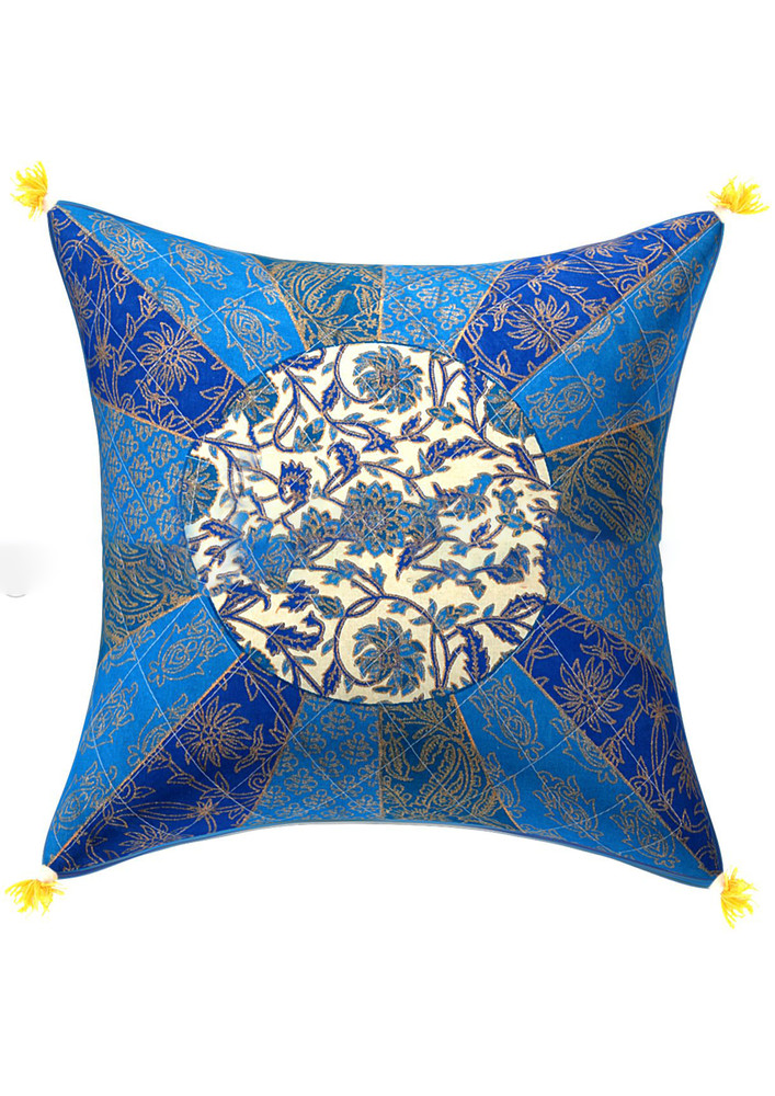 Golden Blue Firozi Floral Print Cream Base Cotton Cushion Cover