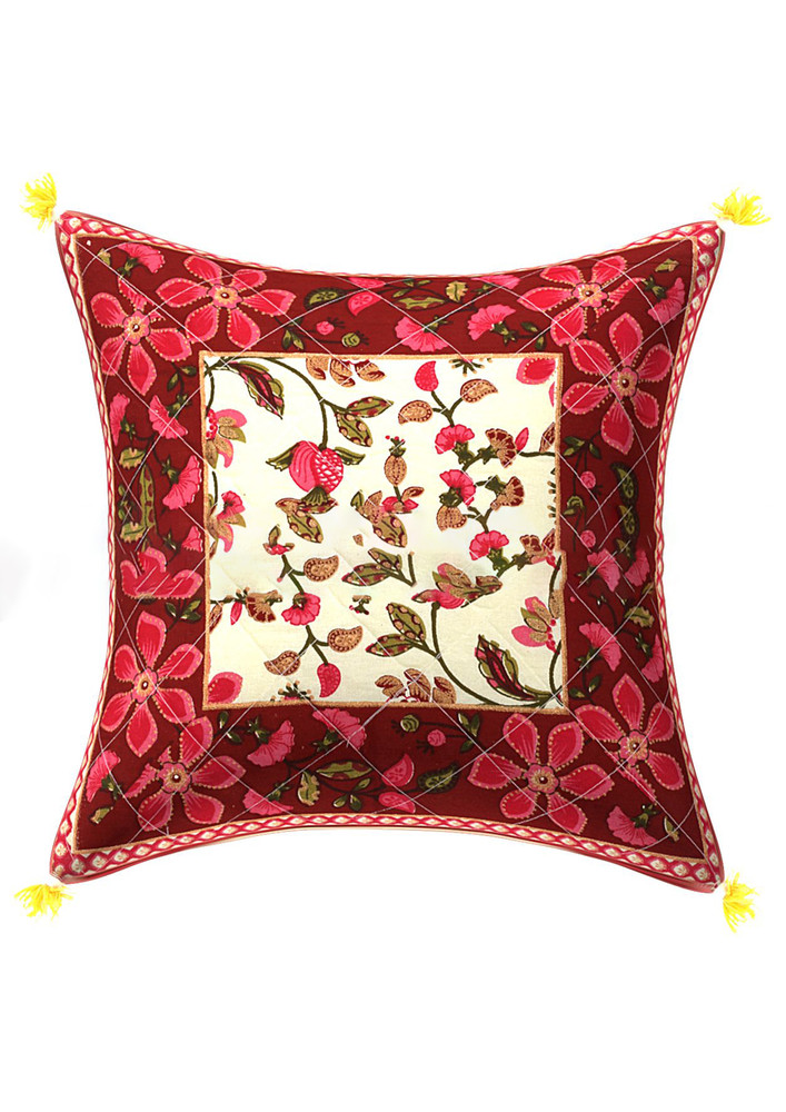Maroon Base Pink Flower Pattern Cotton Cushion Cover